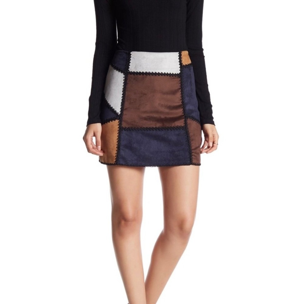 Romeo Juliet‎ Couture Patchwork Suede Mini Skirt Navy Brown Tan Grey M